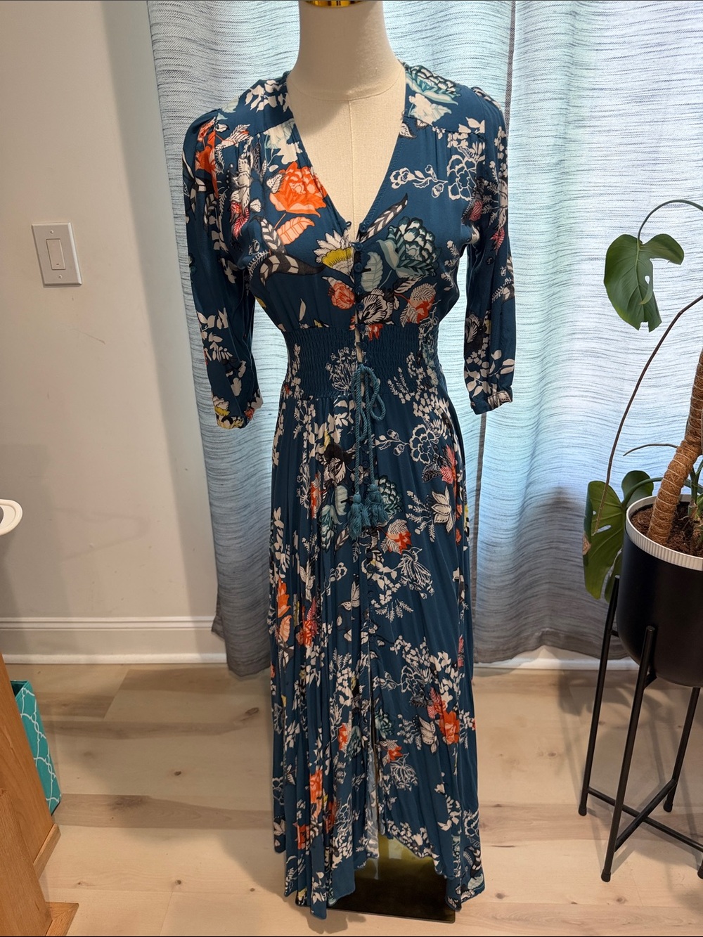 Jaase Teal Floral V-Neck Smocked Maxi Dress with Orange Accents